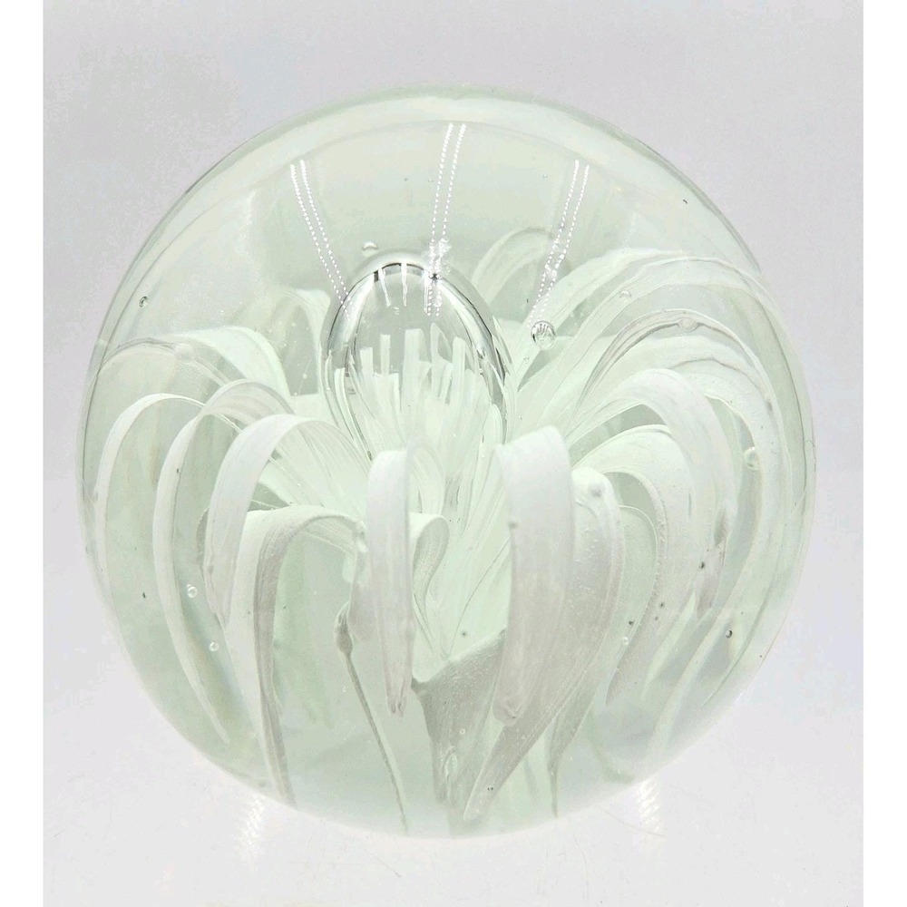 Vintage Art Glass Clear Paperweight White Flower Controlled Bubbles